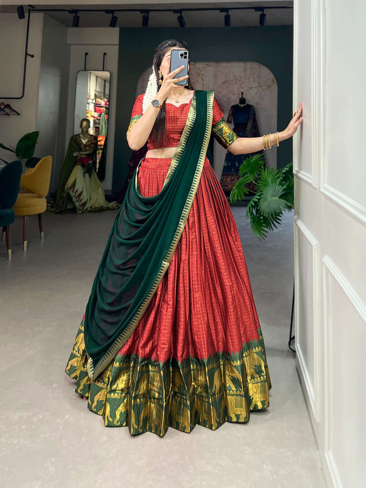 Ruby Red Poly Cotton Lehenga Choli - PAHRAVA