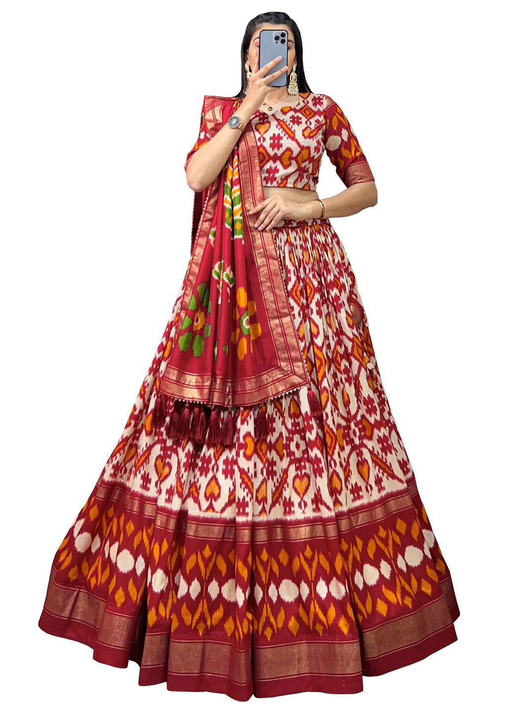 Off White Patola Print Tussar Silk Lehenga Set - PAHRAVA