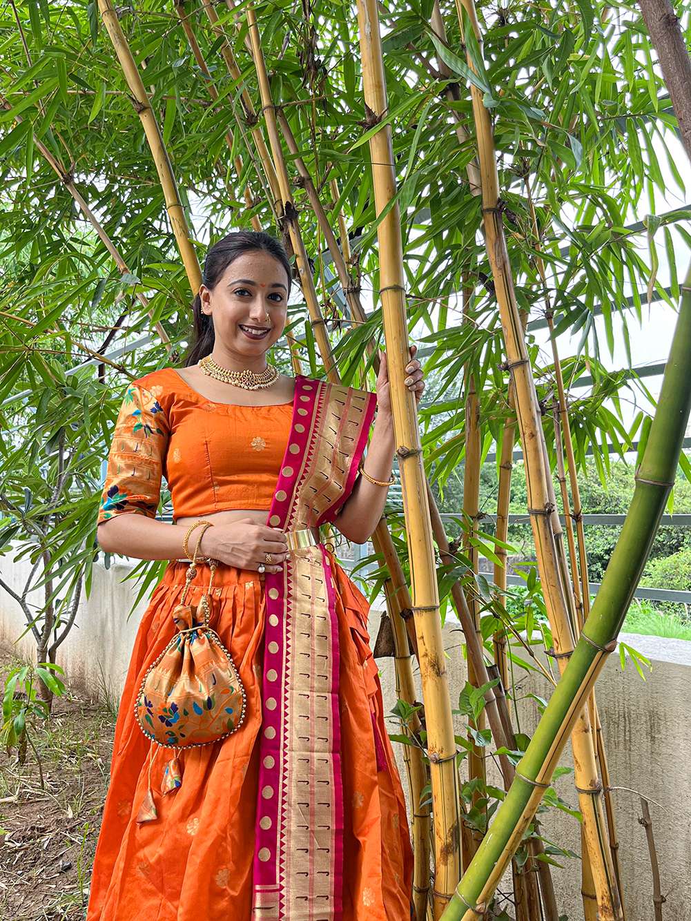 Orange Jacquard Lehenga with Intricate Weaving - PAHRAVA