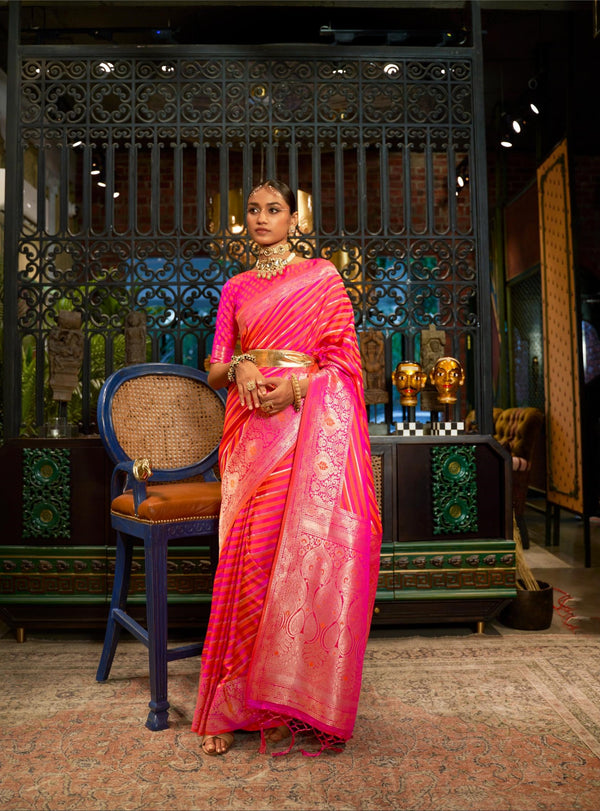 Delight Pink Pure Satin Handloom Weaving Saree - PAHRAVA