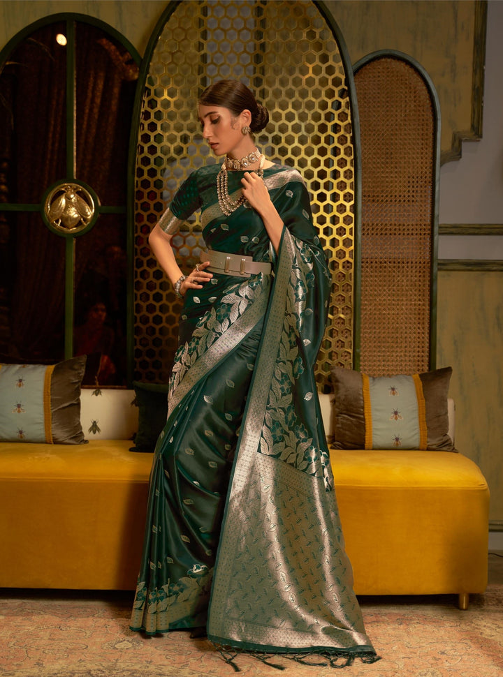 Dark Green Pure Satin Handloom Weaving Saree - PAHRAVA