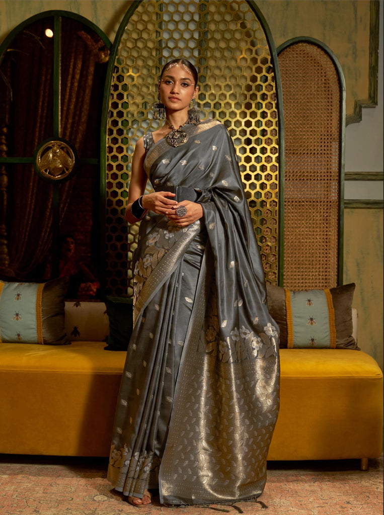 Silver Grey Pure Satin Handloom Weaving Saree - PAHRAVA