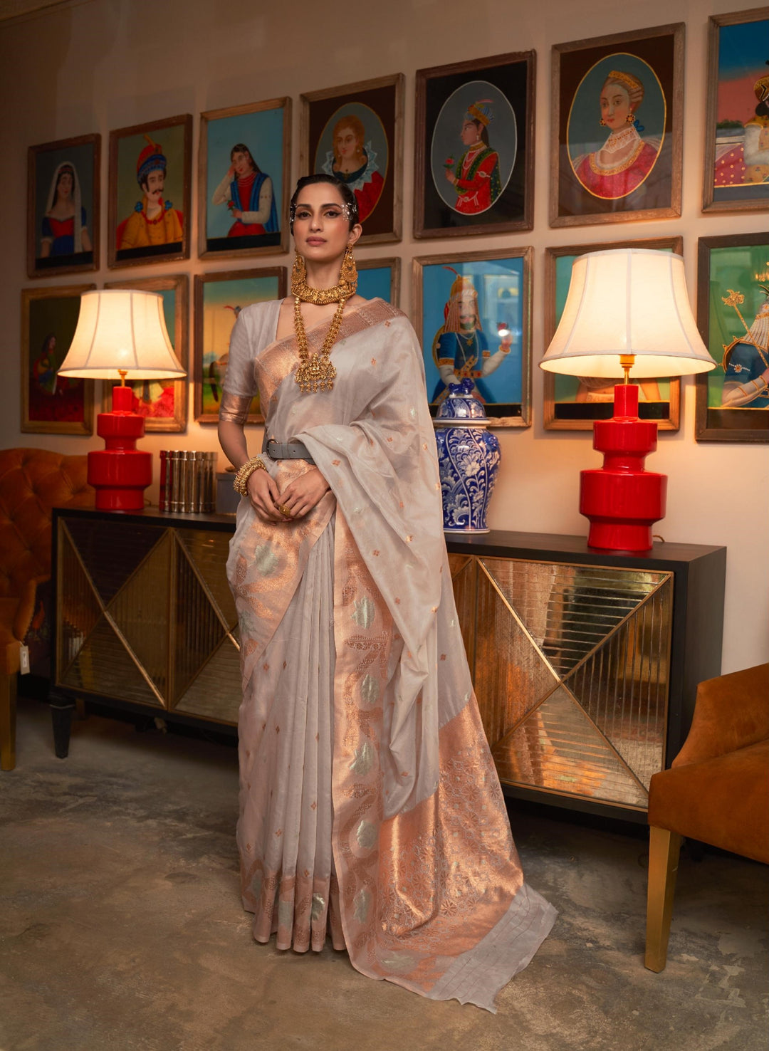 Pinkish Grey Modal Copper Zari Handloom Weaving Saree - PAHRAVA