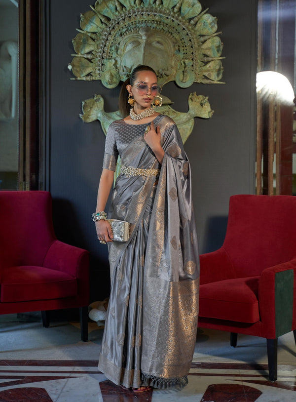 Silver Grey Nylon Pure Satin Handloom Weaving Saree - PAHRAVA