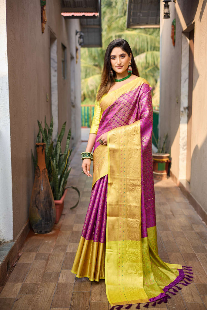 Bold Pink With Gold Border Saree with Vibrant Tassels - PAHRAVA