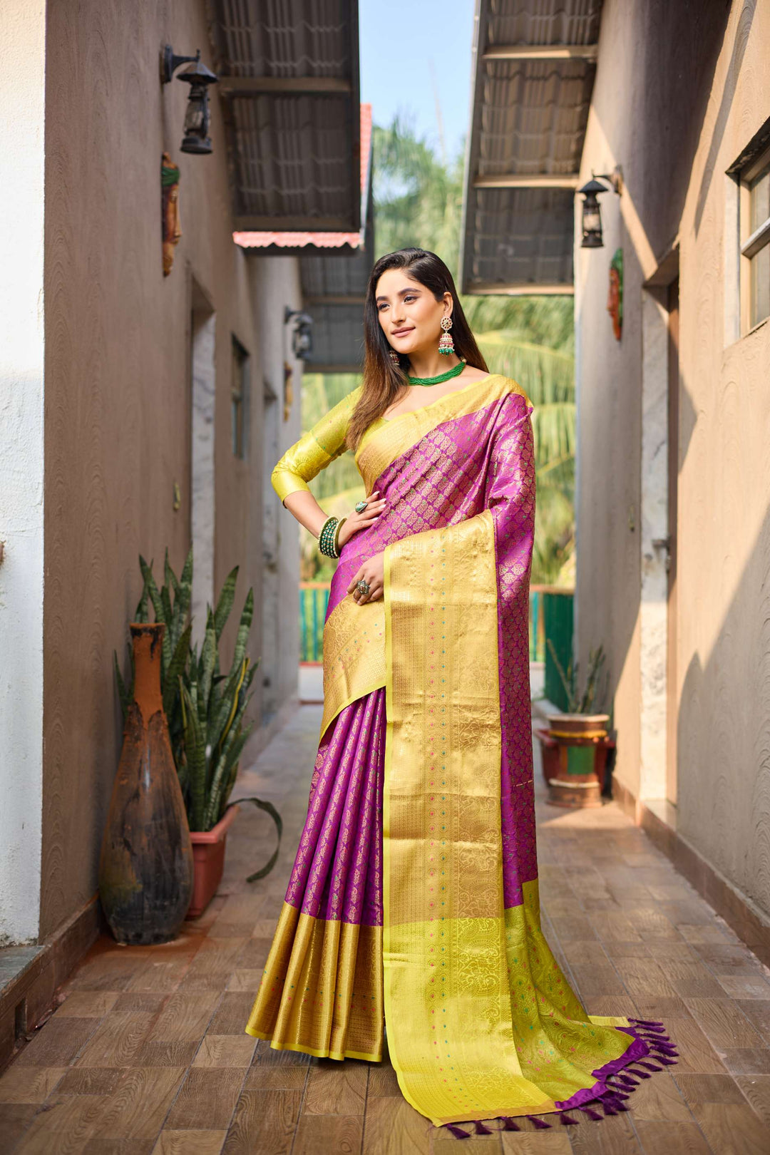 Bold Pink With Gold Border Saree with Vibrant Tassels - PAHRAVA