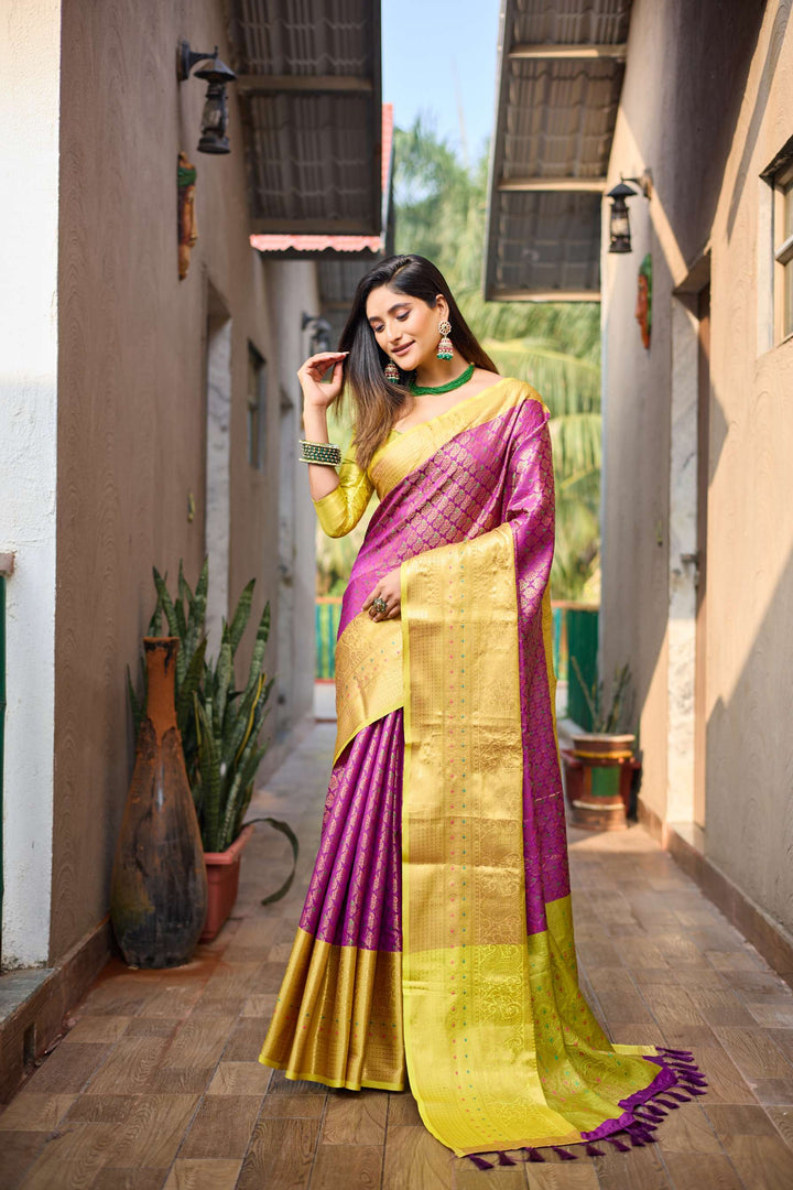 Bold Pink With Gold Border Saree with Vibrant Tassels - PAHRAVA