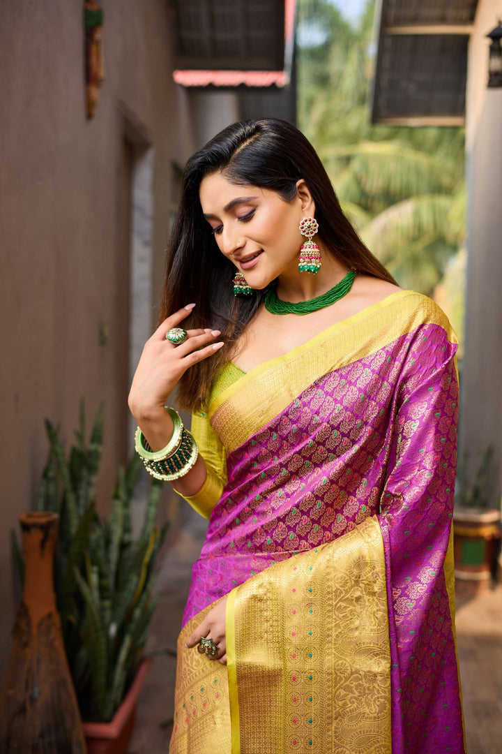 Bold Pink With Gold Border Saree with Vibrant Tassels - PAHRAVA