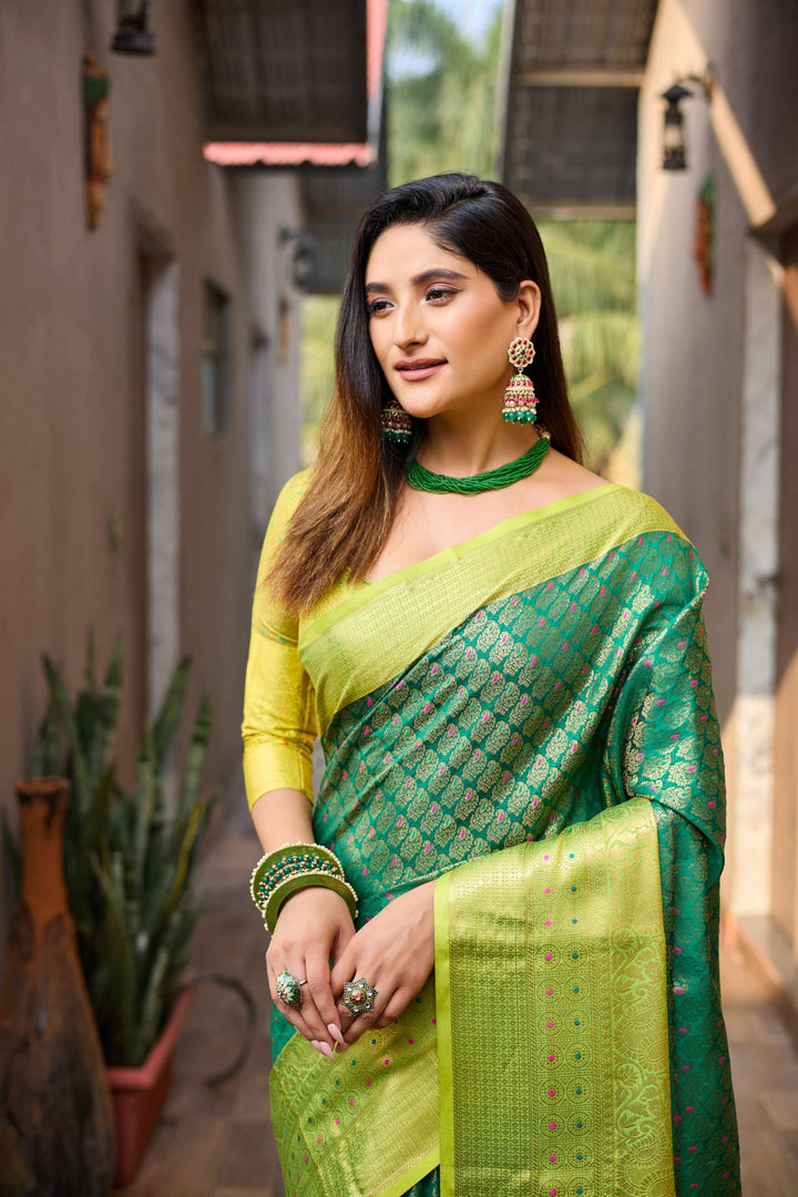 Fresh Green With Gold Border Saree with Vibrant Tassels - PAHRAVA