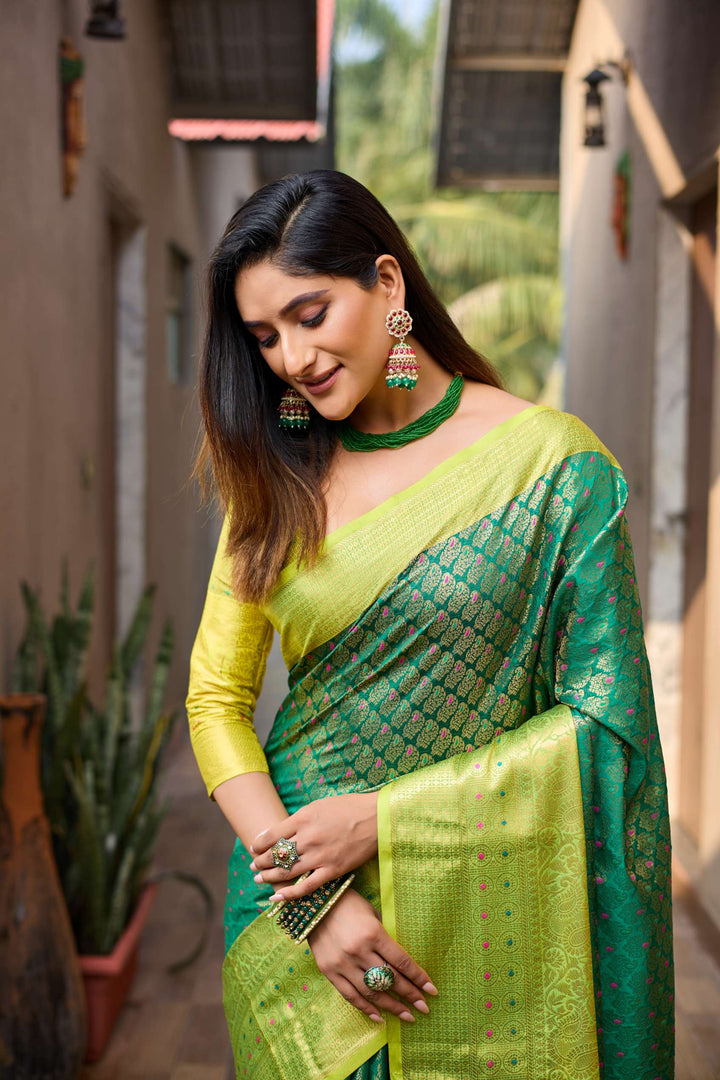 Fresh Green With Gold Border Saree with Vibrant Tassels - PAHRAVA