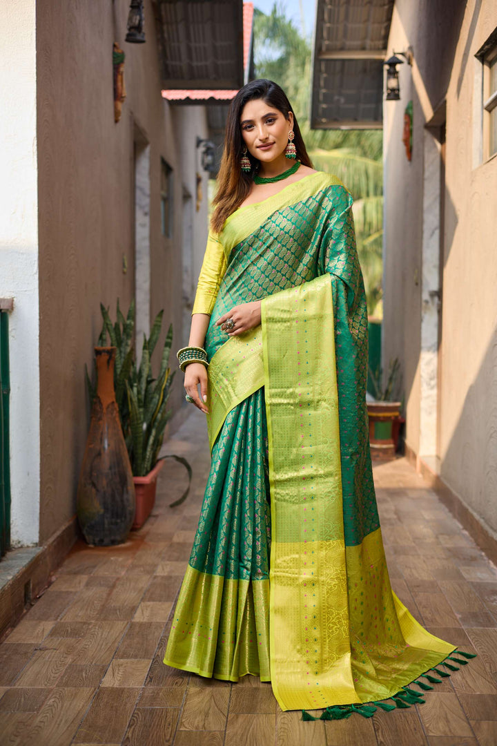 Fresh Green With Gold Border Saree with Vibrant Tassels - PAHRAVA