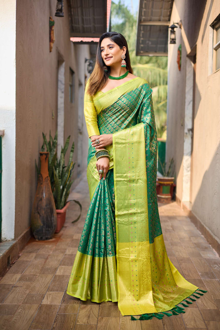 Fresh Green With Gold Border Saree with Vibrant Tassels - PAHRAVA