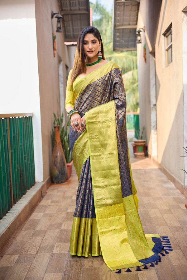 Navy Blue With Gold Border Saree with Vibrant Tassels - PAHRAVA