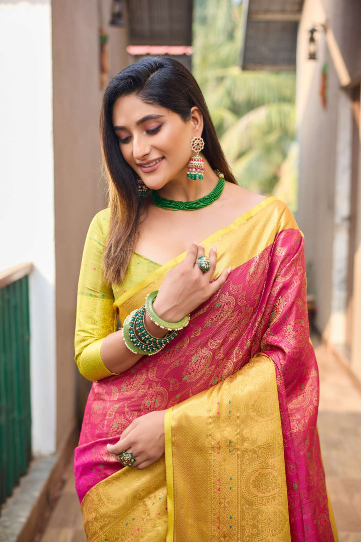 Yellow with pink saree with vibrant tassels - PAHRAVA