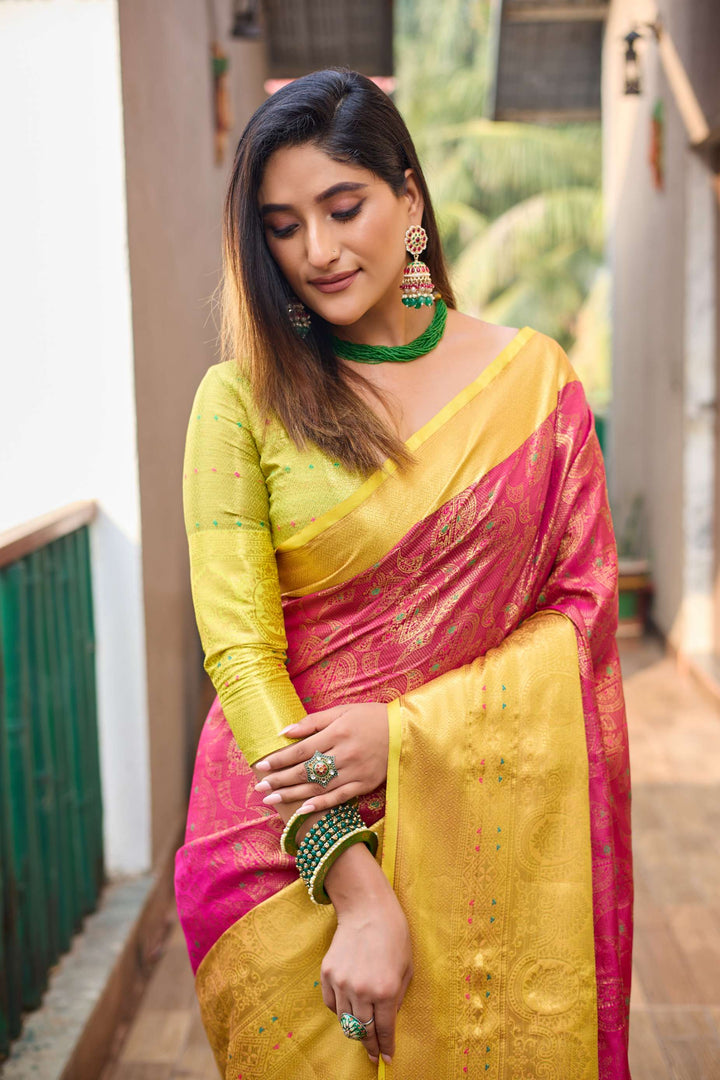 Yellow with pink saree with vibrant tassels - PAHRAVA