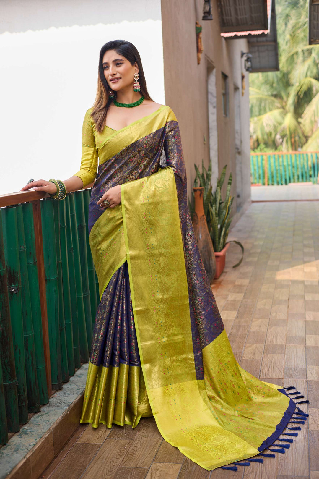 Yellow with grey saree with vibrant tassels - PAHRAVA