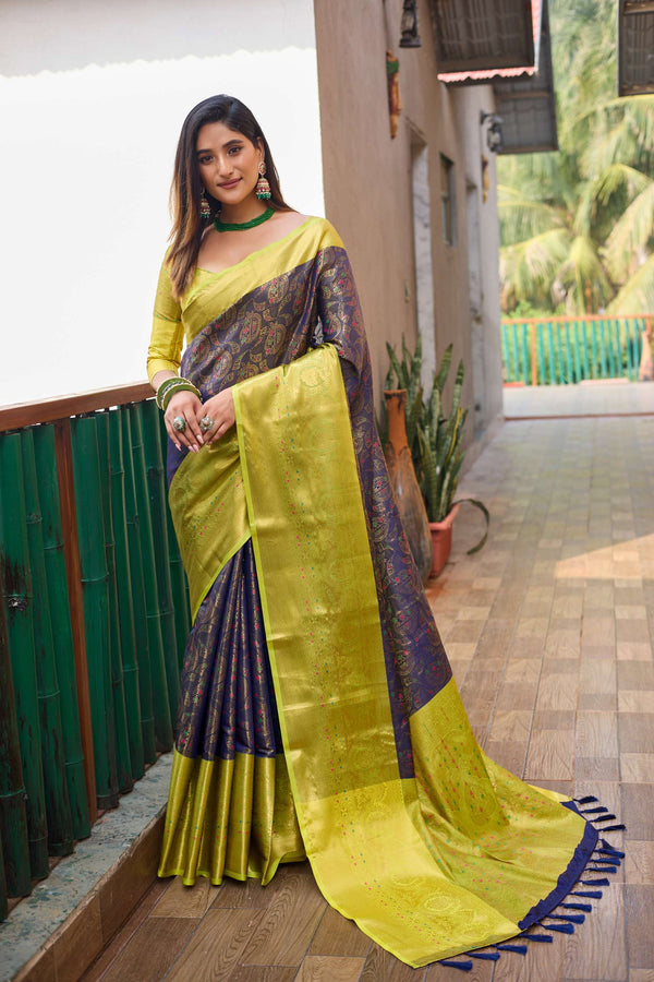 Yellow with grey saree with vibrant tassels - PAHRAVA