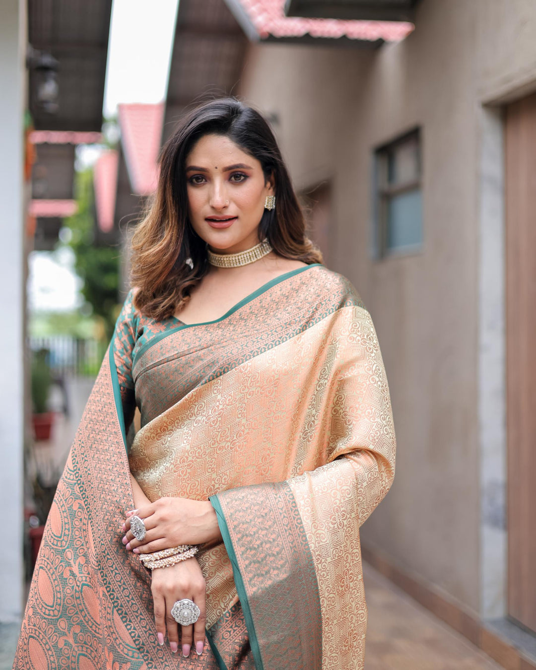 Caramel cream luxury kanjivaram silk saree - PAHRAVA