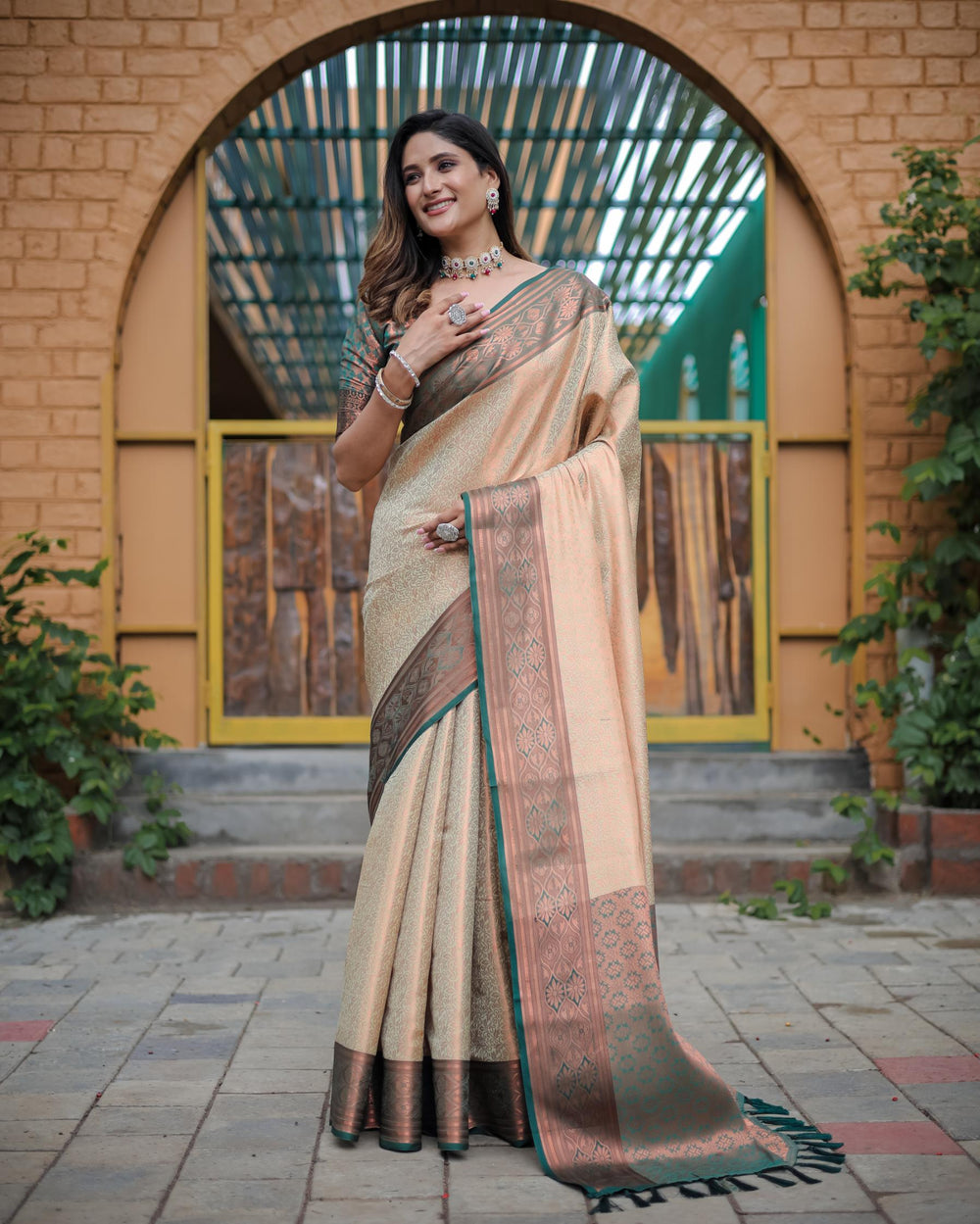 Classy cream luxury kanjivaram silk saree - PAHRAVA