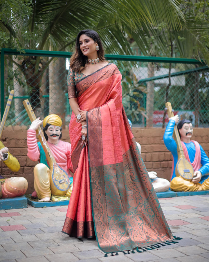 Peach with teal blue border luxury kanjivaram silk saree - PAHRAVA