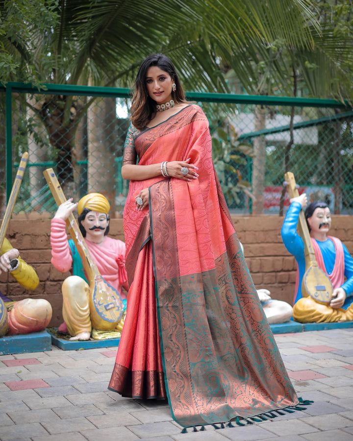 Peach with teal blue border luxury kanjivaram silk saree - PAHRAVA