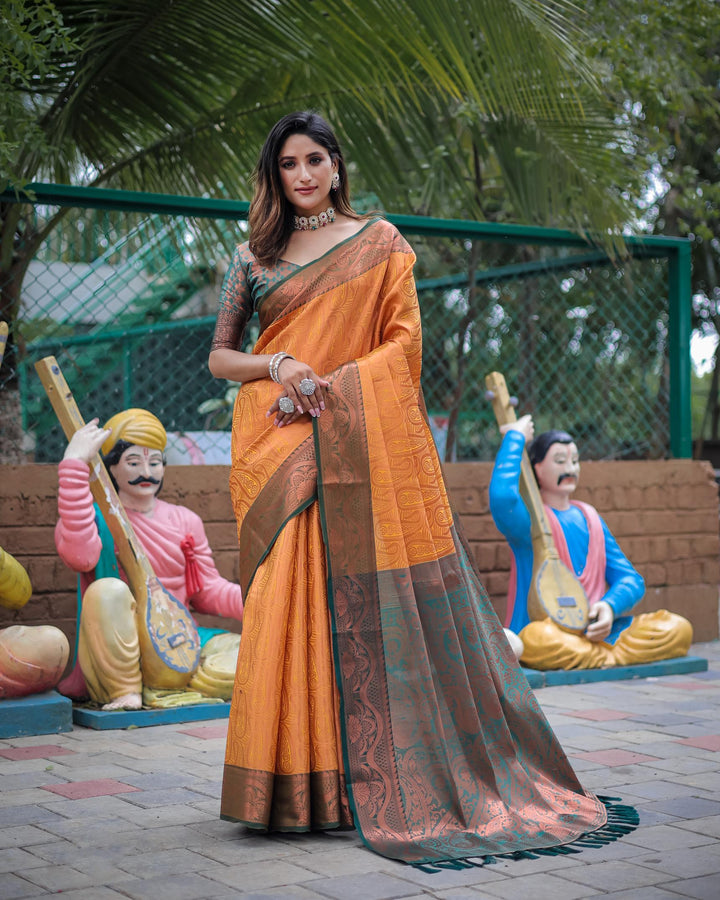 Mustard yellow with green border luxury kanjivaram silk saree - PAHRAVA