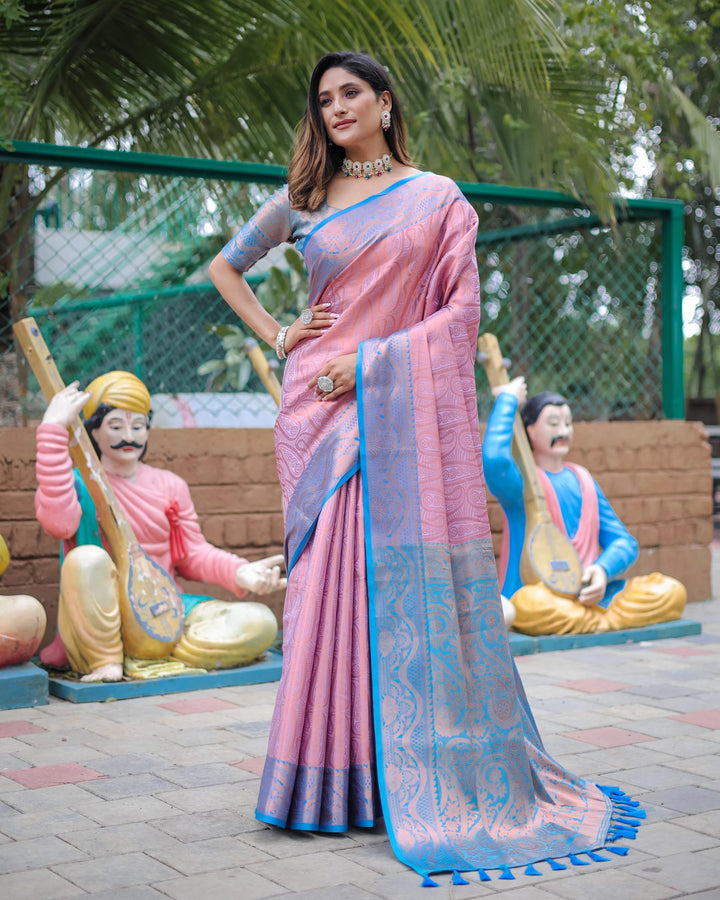 Pink with sky blue border luxury kanjivaram silk saree - PAHRAVA