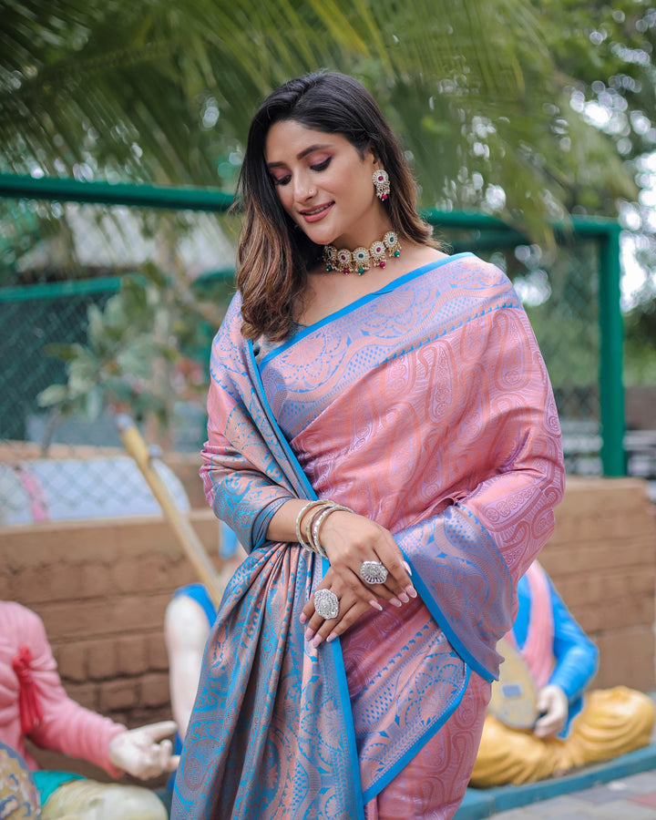 Pink with sky blue border luxury kanjivaram silk saree - PAHRAVA