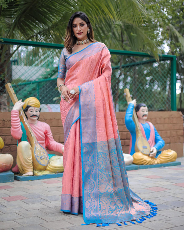 Rose pink with blue border luxury kanjivaram silk saree - PAHRAVA