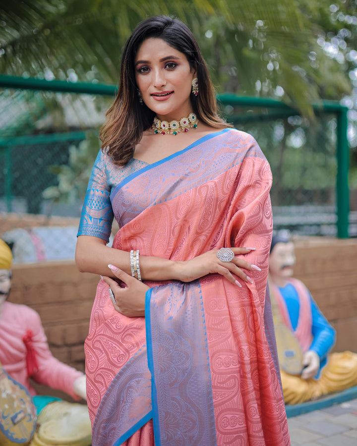 Rose pink with blue border luxury kanjivaram silk saree - PAHRAVA