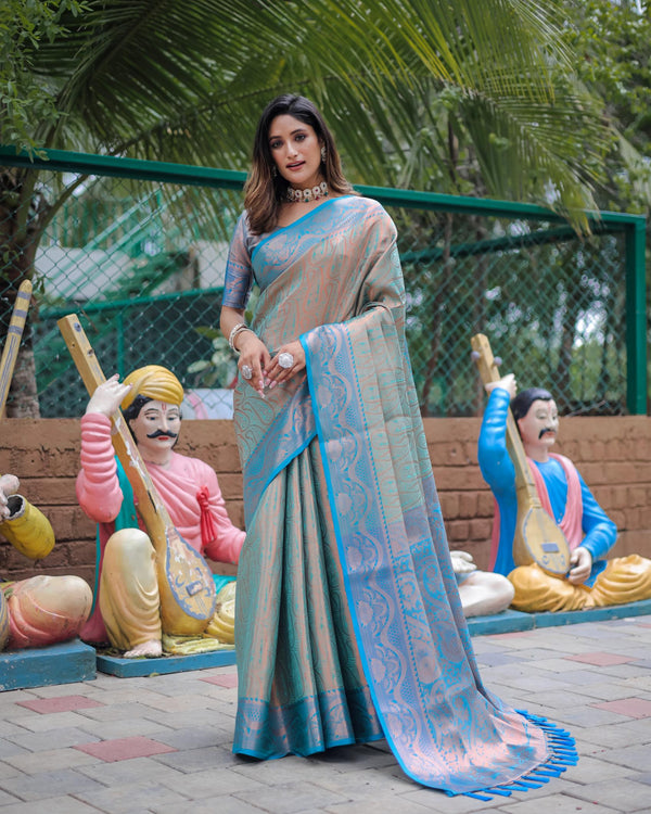 Silver grey with blue border luxury kanjivaram silk saree - PAHRAVA