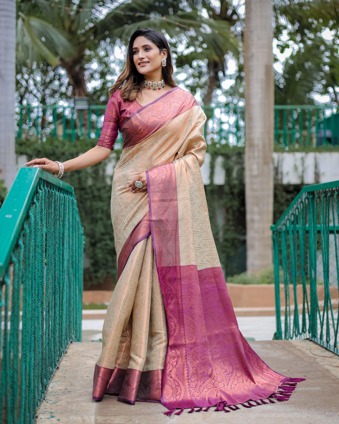 Almond cream luxury kanjivaram silk saree - PAHRAVA