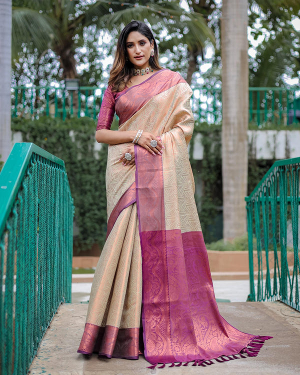 Almond cream luxury kanjivaram silk saree - PAHRAVA