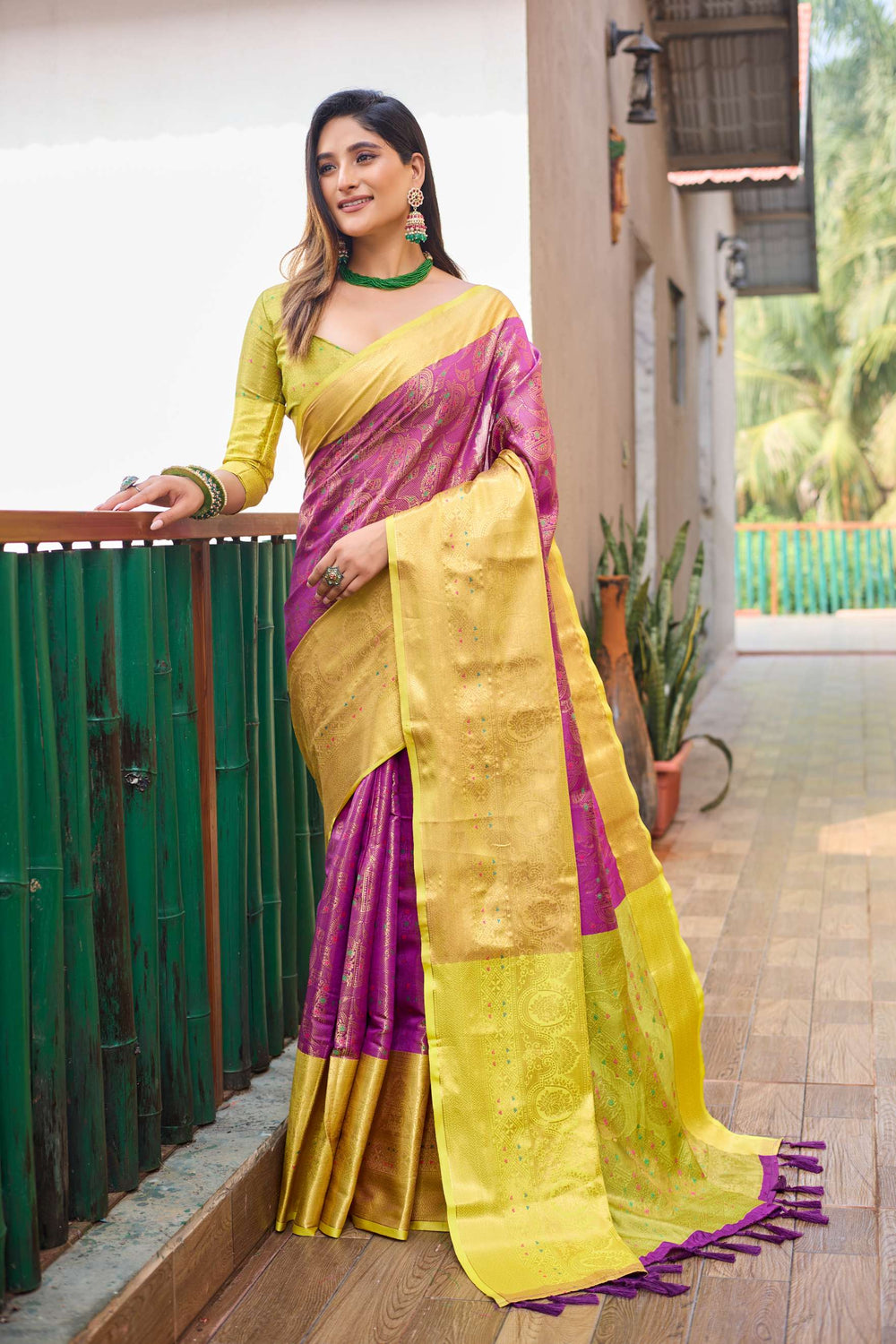 Yellow with lavender saree with vibrant tassels - PAHRAVA