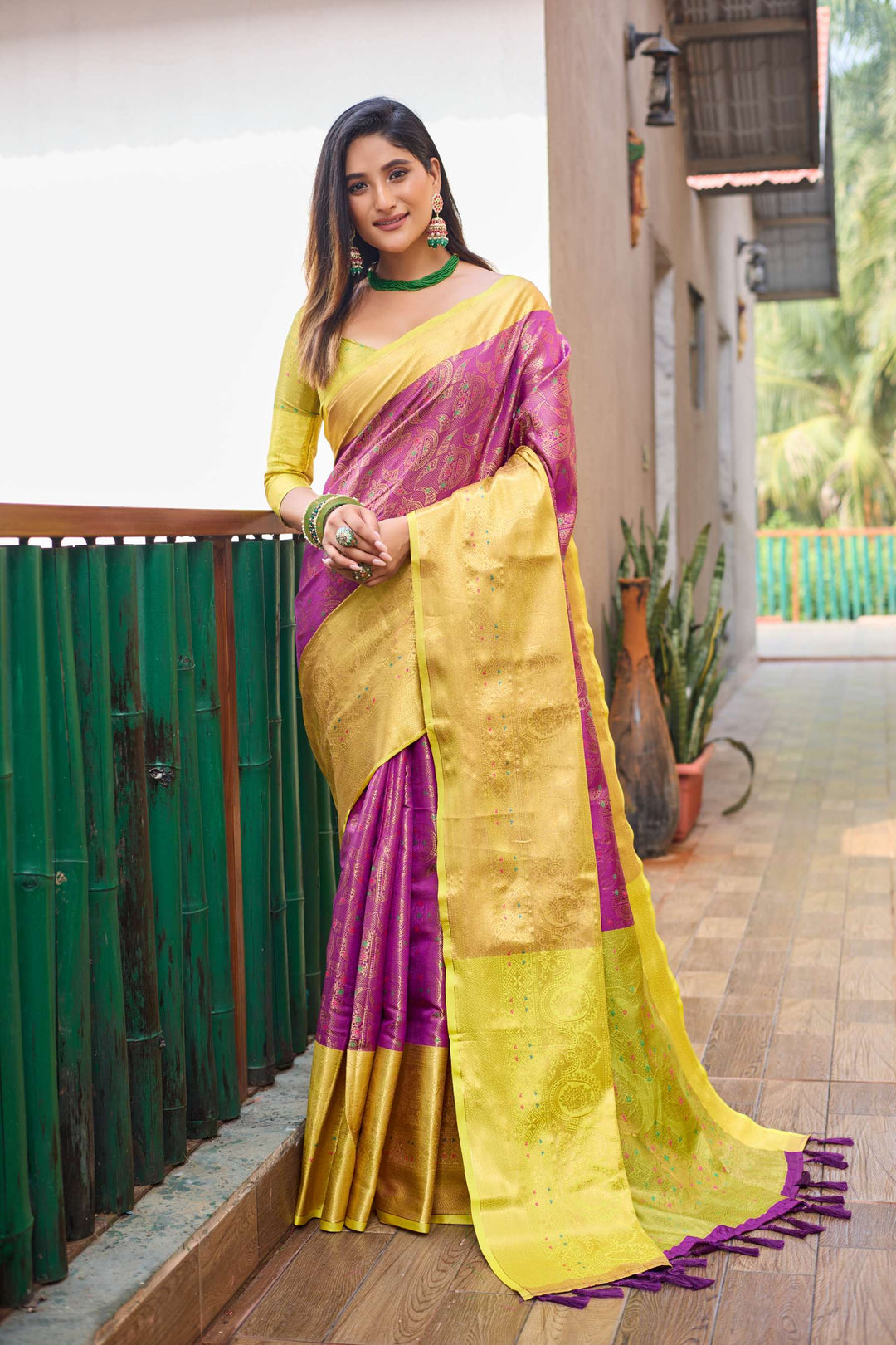 Yellow with lavender saree with vibrant tassels - PAHRAVA