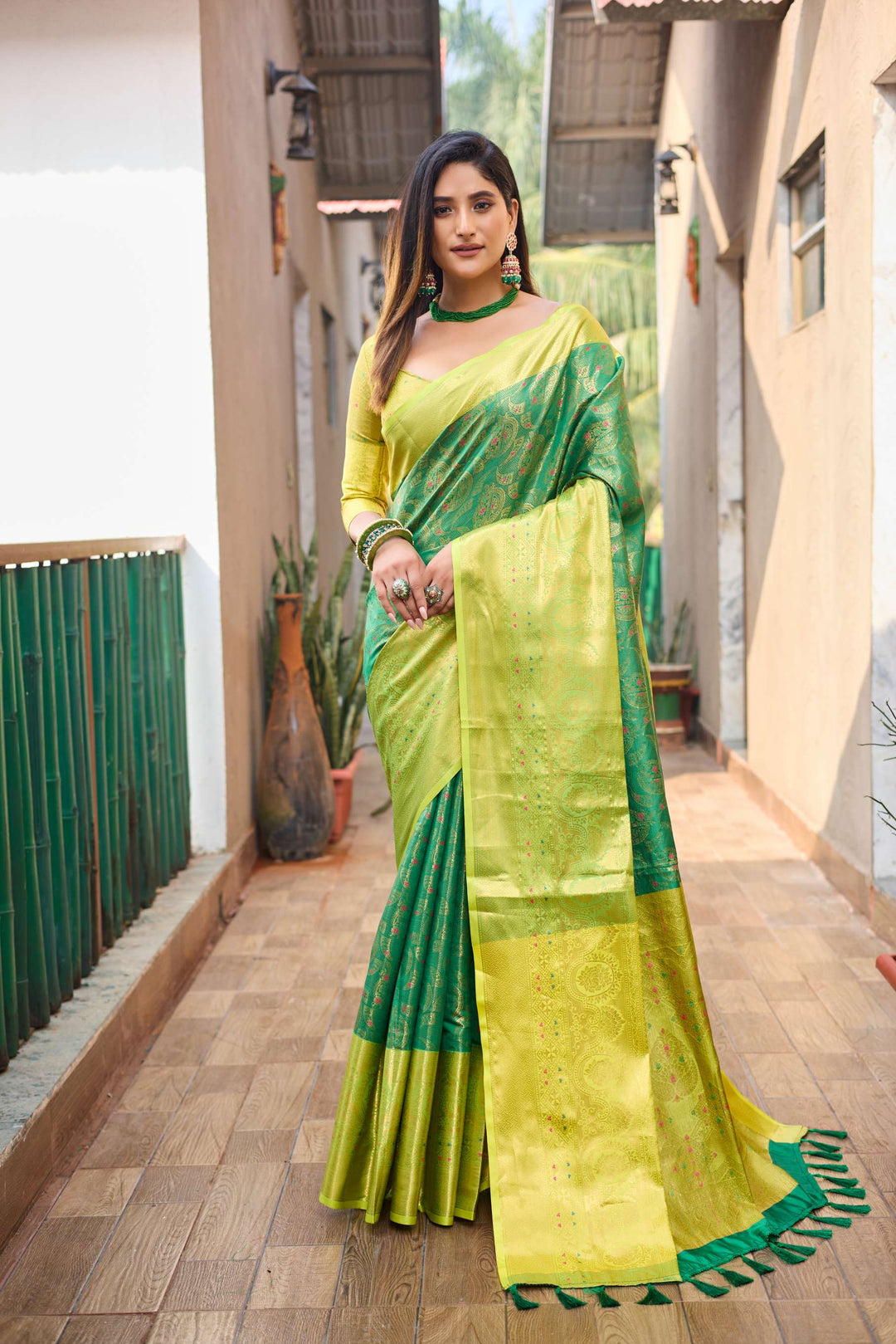 Yellow with green saree with vibrant tassels - PAHRAVA