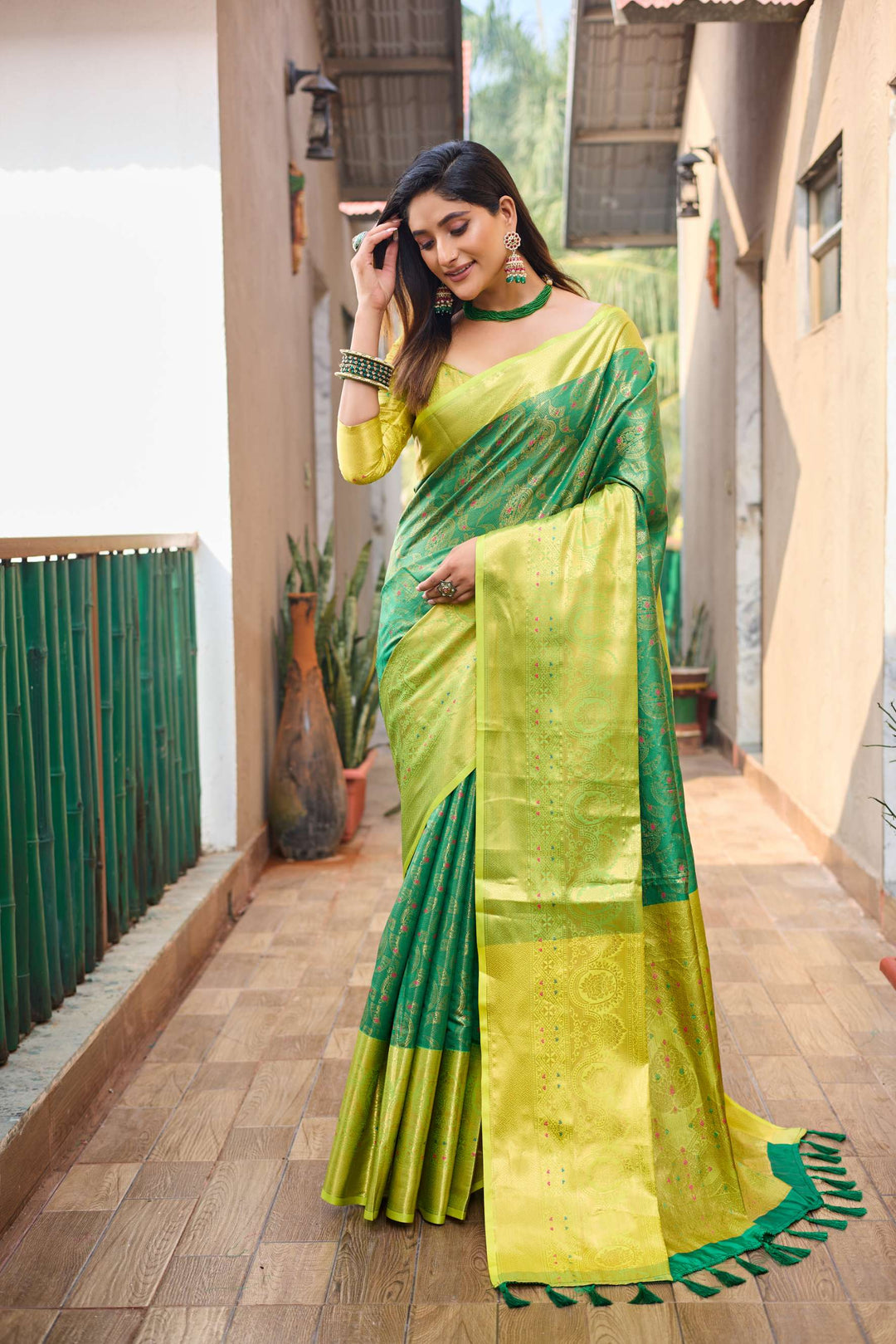 Yellow with green saree with vibrant tassels - PAHRAVA