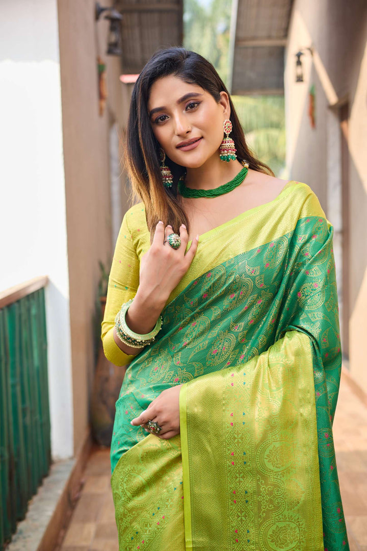 Yellow with green saree with vibrant tassels - PAHRAVA