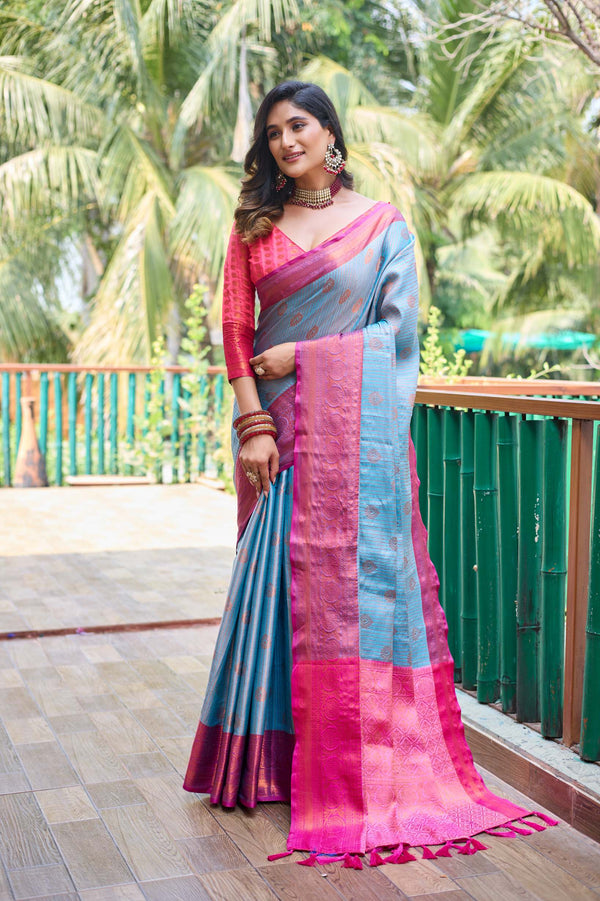 Sky blue kanchi silk saree - PAHRAVA