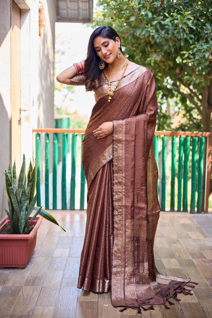 Chocolate Brown Soft Kubera Dharmavaram Pattu Saree - PAHRAVA