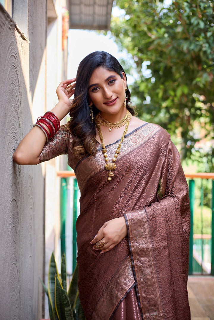 Chocolate Brown Soft Kubera Dharmavaram Pattu Saree - PAHRAVA