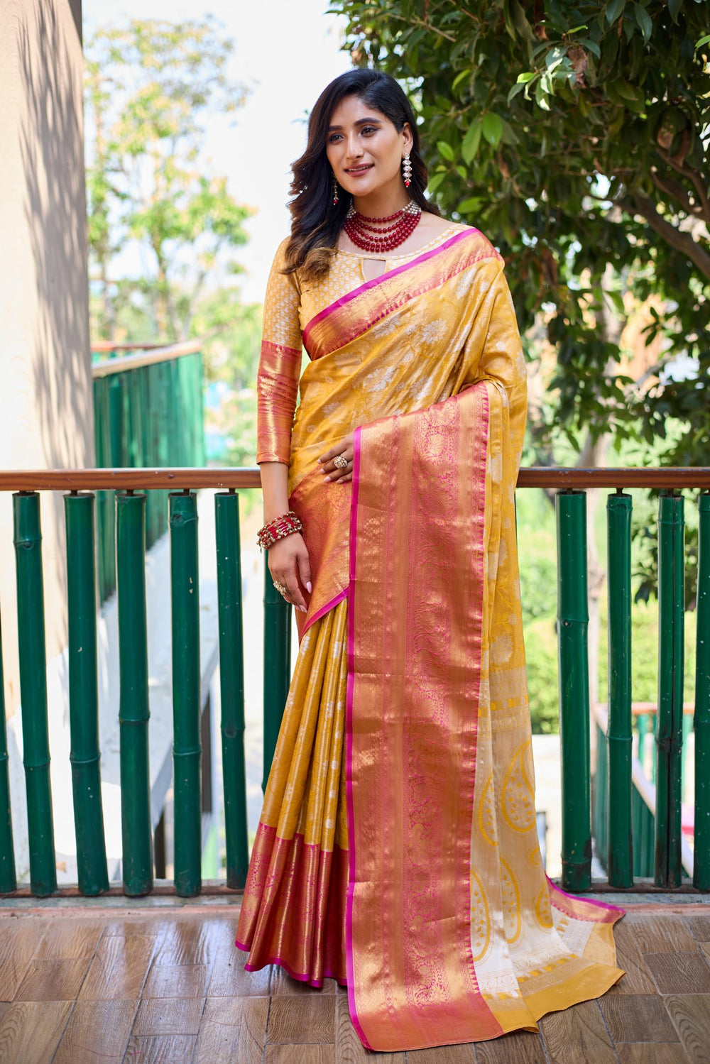 Mustard yellow banarasi handloom tissue silk saree - PAHRAVA