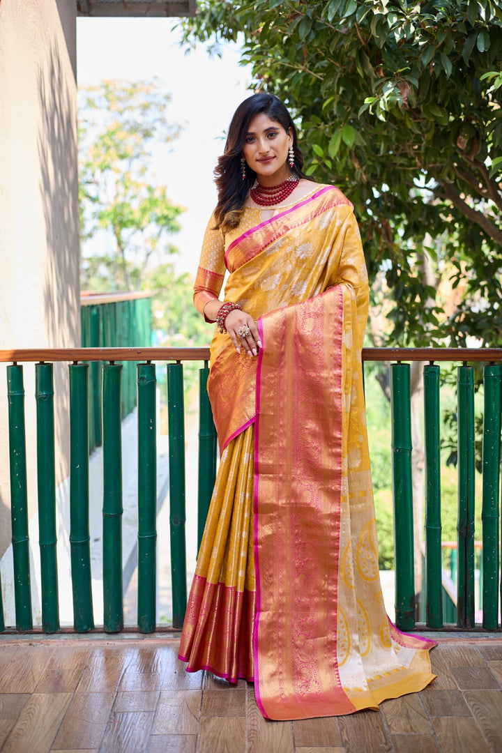 Mustard yellow banarasi handloom tissue silk saree - PAHRAVA