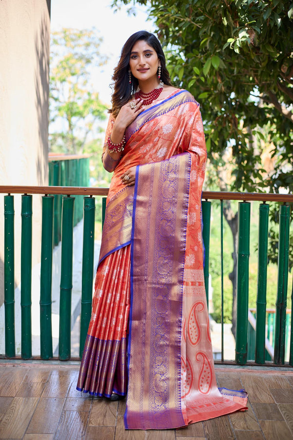 Plum peach banarasi handloom tissue silk saree - PAHRAVA