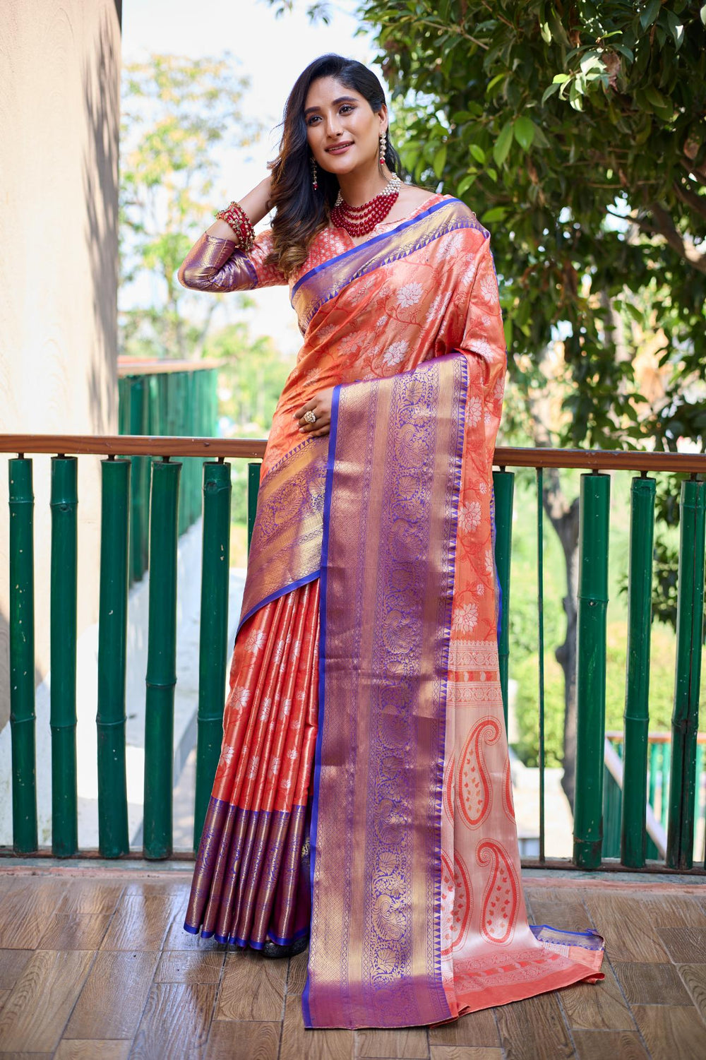 Plum peach banarasi handloom tissue silk saree - PAHRAVA