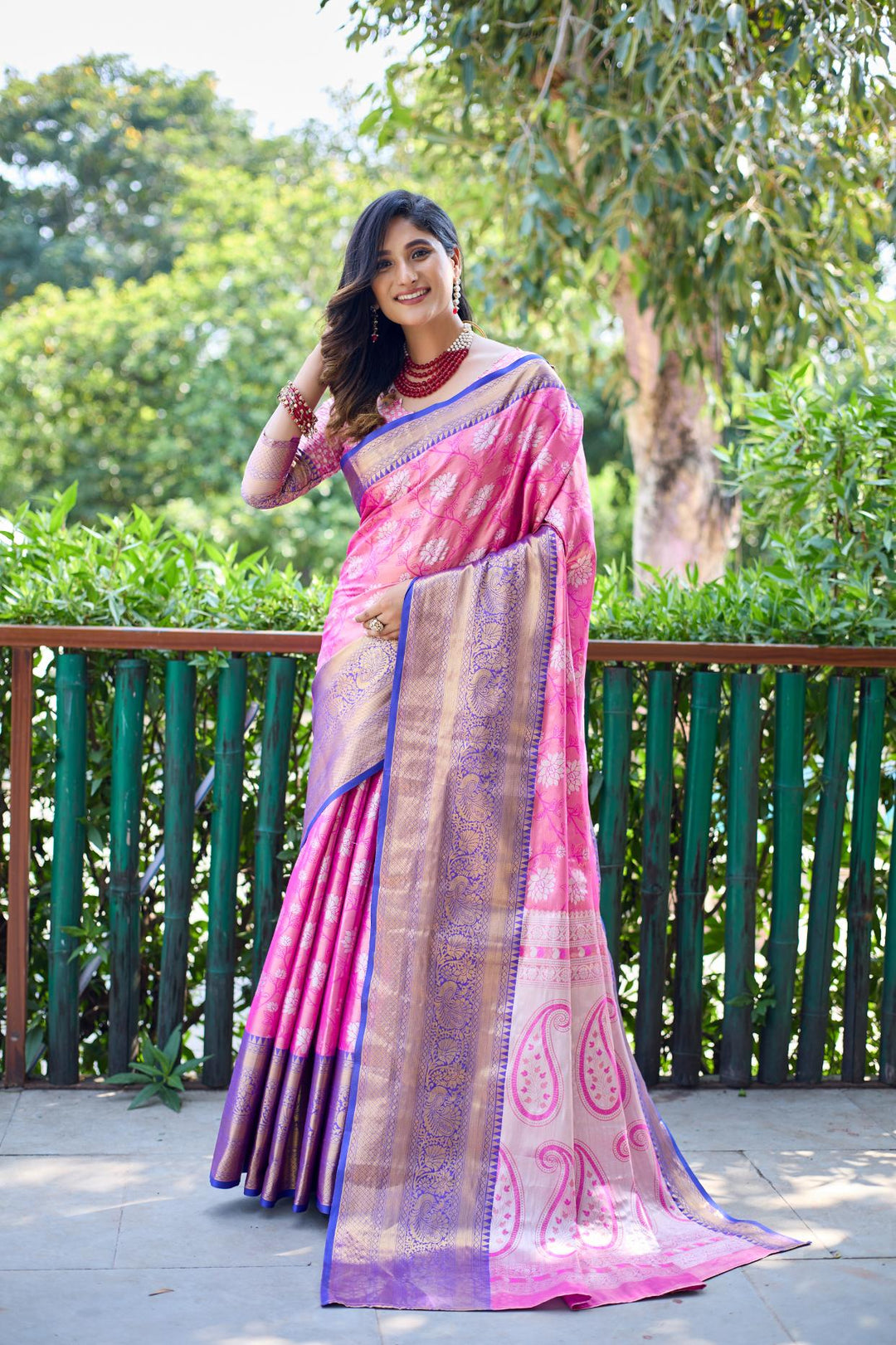 Rose pink banarasi handloom tissue silk saree - PAHRAVA