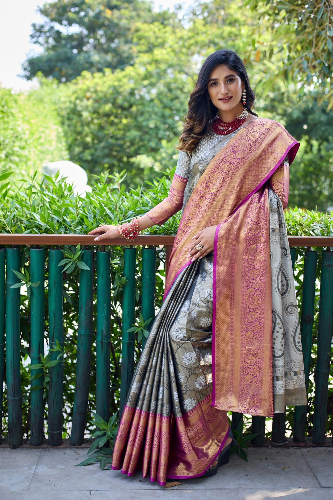 Silver grey banarasi handloom tissue silk saree - PAHRAVA