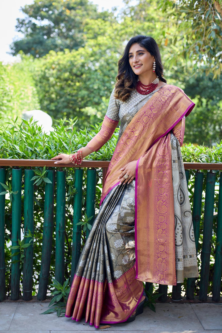 Silver grey banarasi handloom tissue silk saree - PAHRAVA