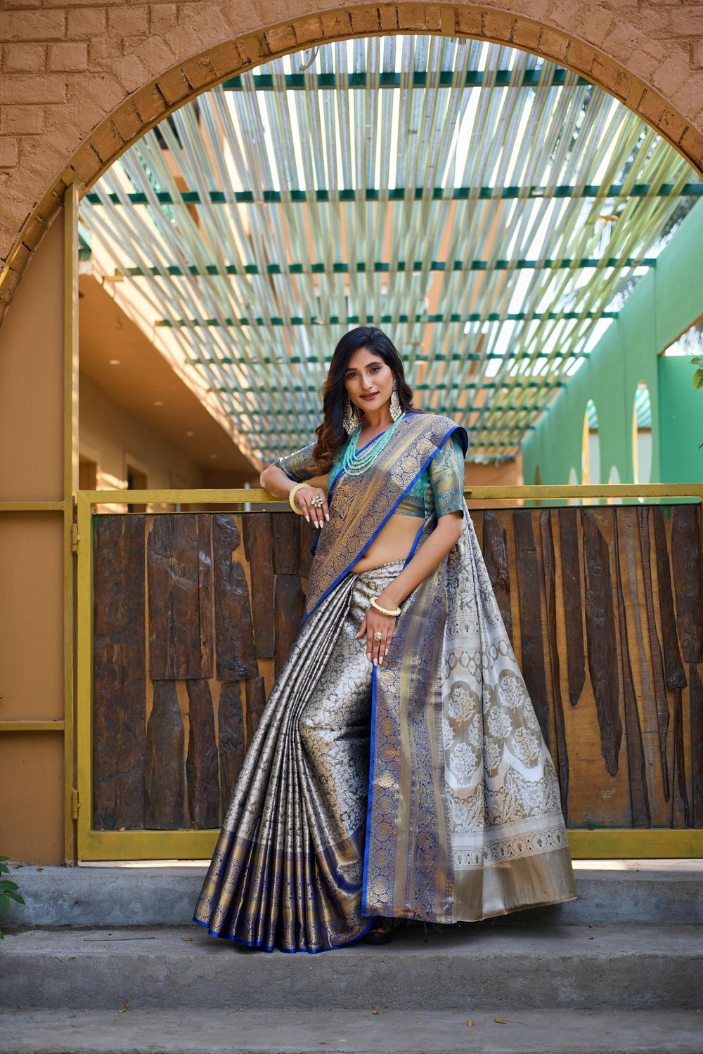 Silver grey banarasi tissue silk saree - PAHRAVA