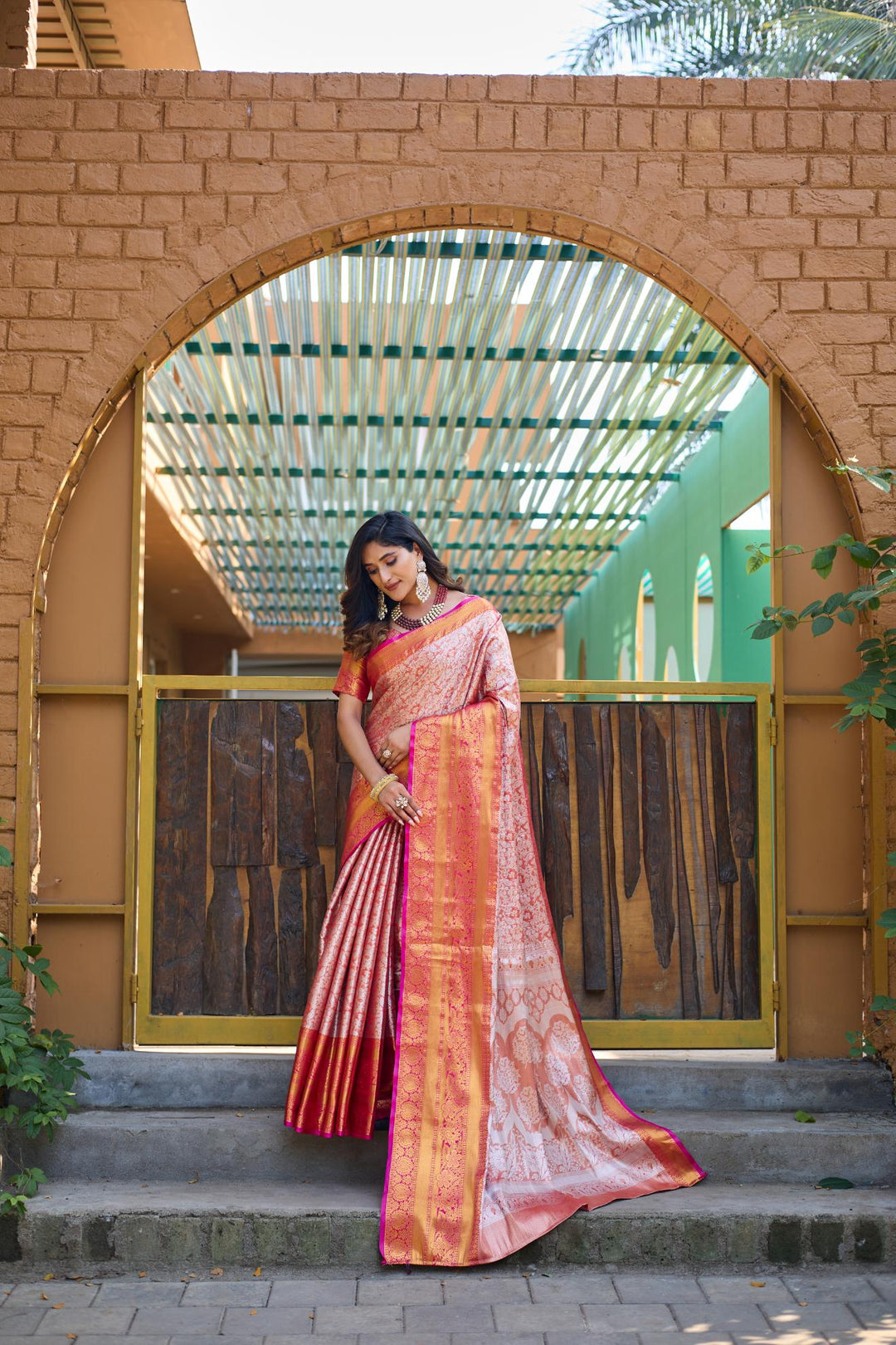 Prism peach banarasi tissue silk saree - PAHRAVA